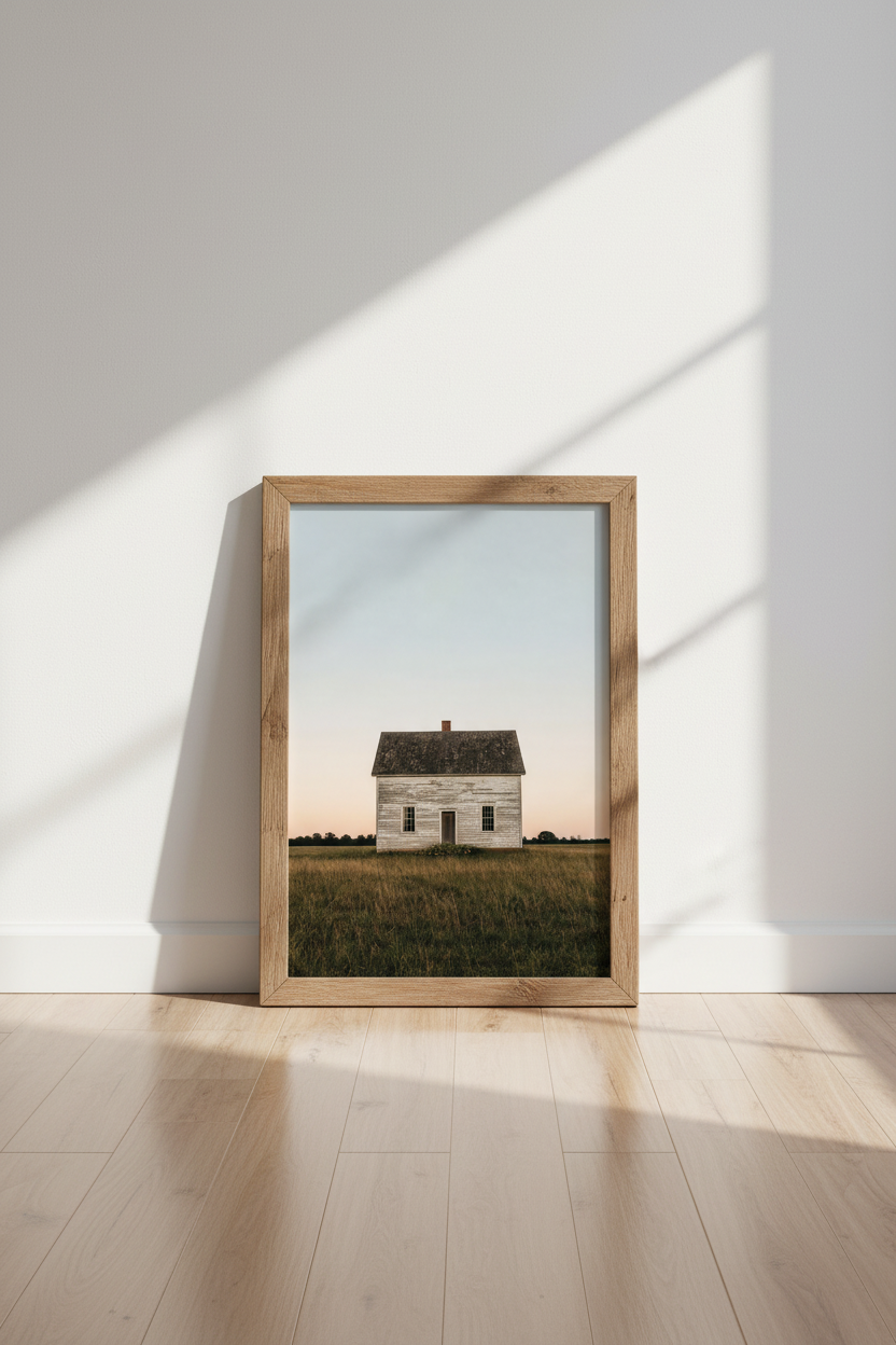 Rural Farmhouse Landscape | Minimalist Rustic Architecture, Neutral Sunset Poster Print