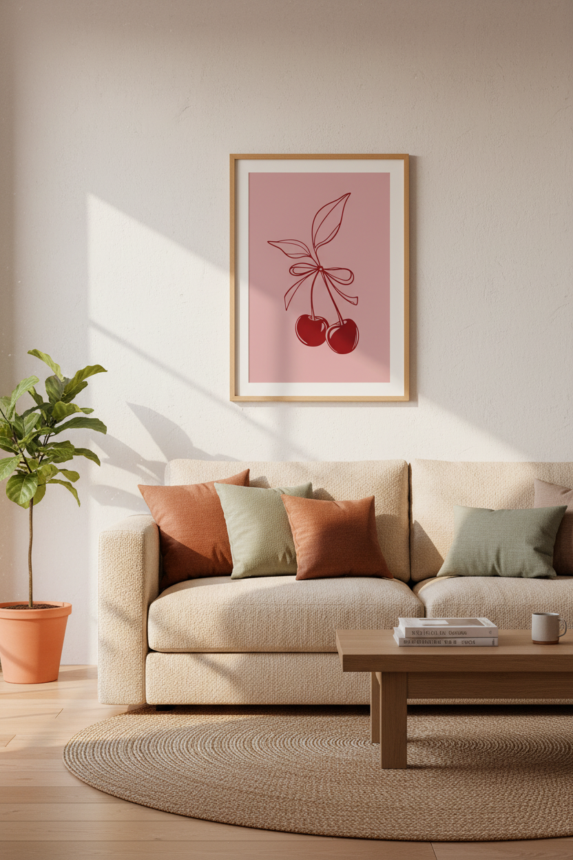 Coquette Cherry Bow Wall Art | Pink Minimalist Line Art, Bedroom Decor Poster