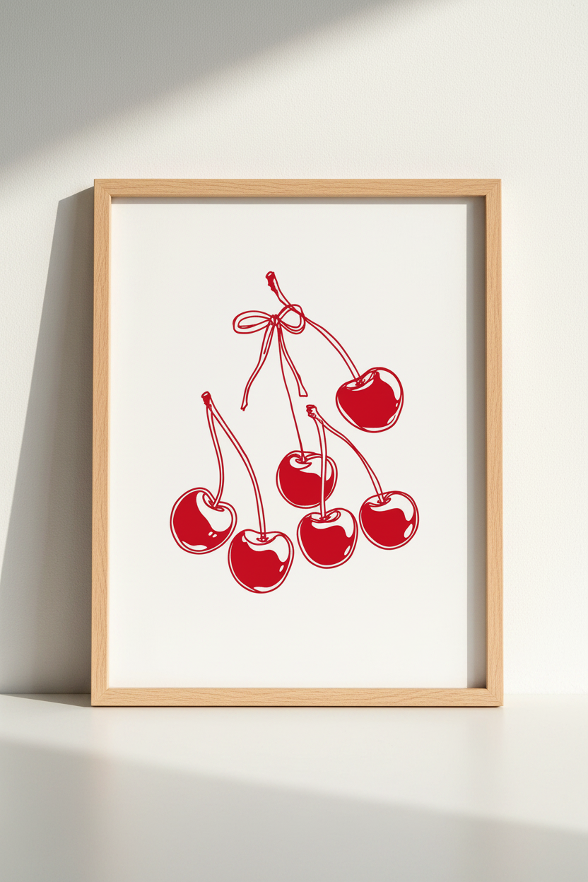 Cherry Bow Art Print | Preppy Red &amp; Cream Kitchen Decor | Coquette Poster