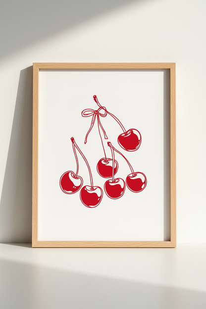 Cherry Bow Art Print | Preppy Red &amp; Cream Kitchen Decor | Coquette Poster