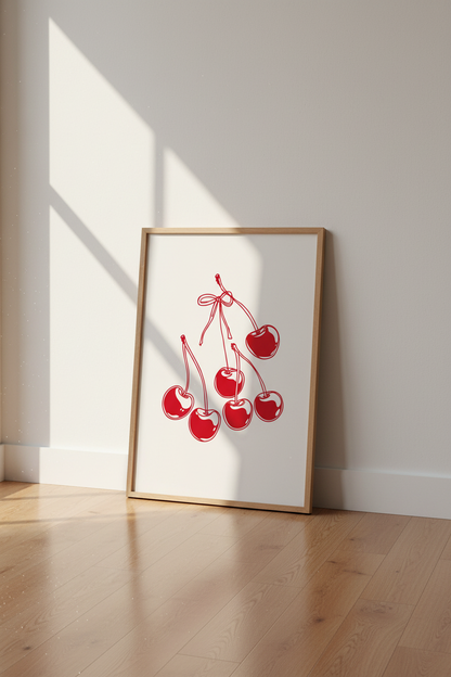 Cherry Bow Art Print | Preppy Red &amp; Cream Kitchen Decor | Coquette Poster