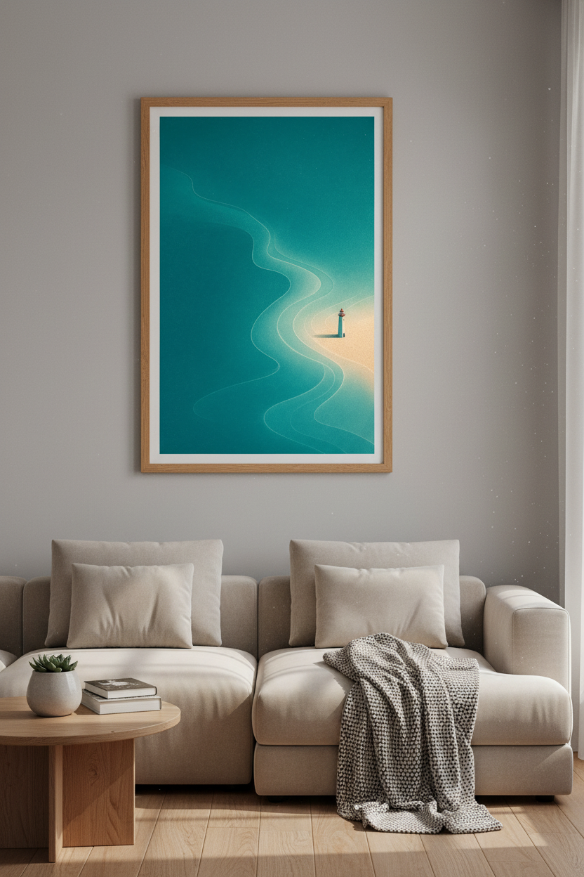 Lighthouse Landscape Wall Art | Teal Coastal Decor | Minimalist Ocean Poster