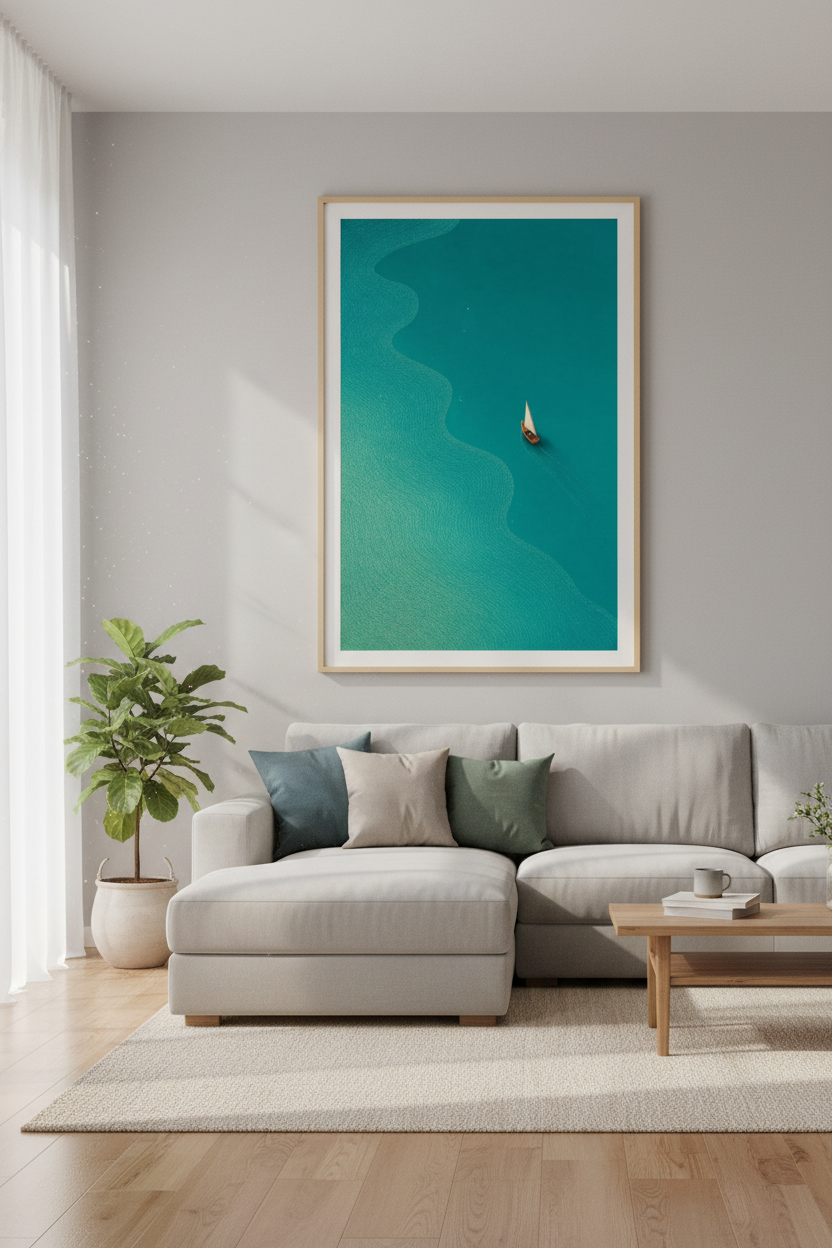 Minimalist Sailboat Wall Art | Teal Ocean Poster | Coastal Home Office Decor