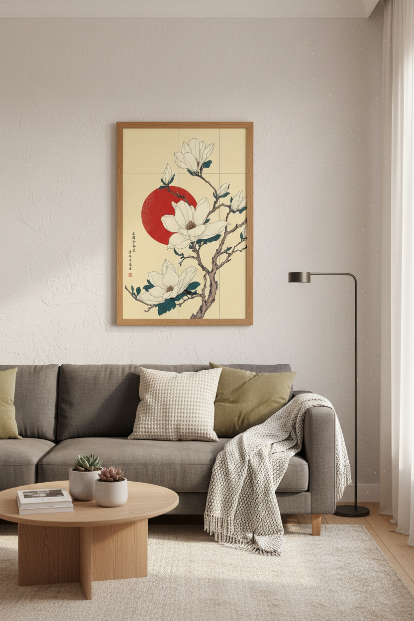Japanese Magnolia Wall Art | White Floral Red Sun Poster, Zen Bedroom Decor