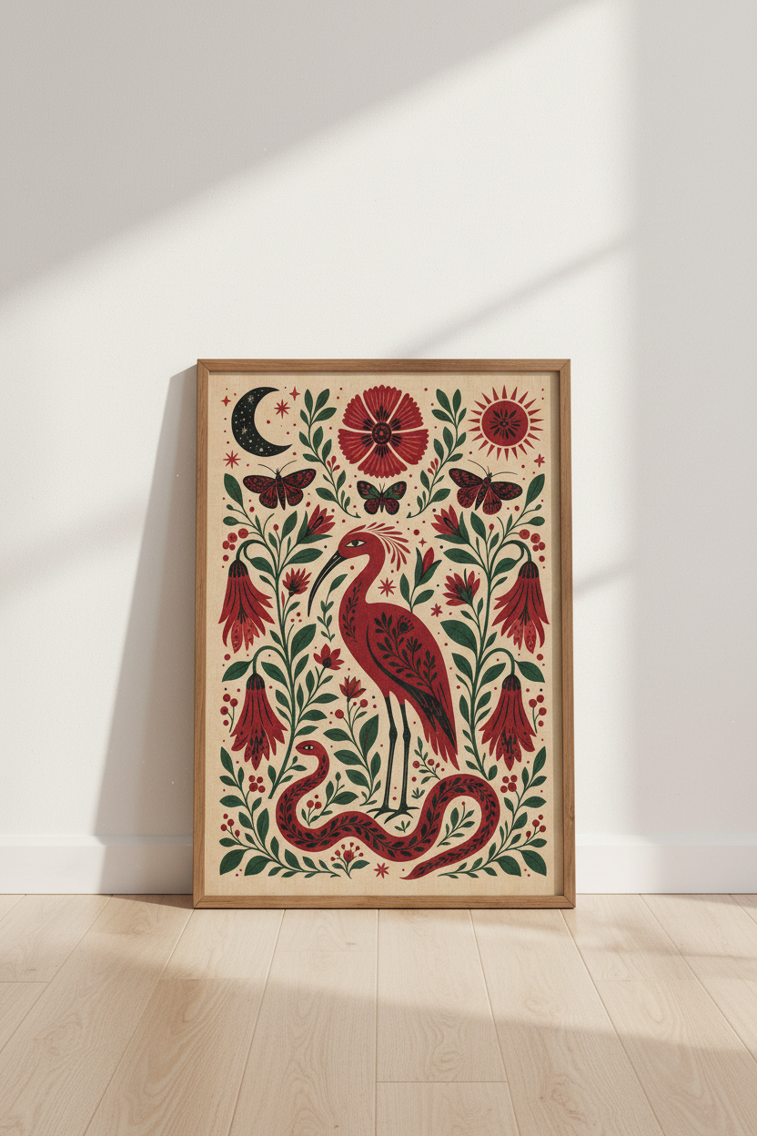 Folk Art Crane &amp; Snake Wall Art | Red Botanical Decor | Mystical Nature Poster