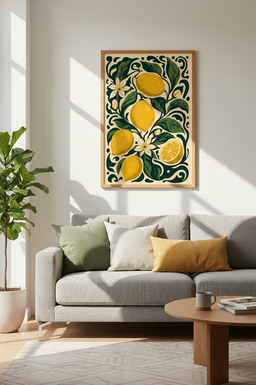 Lemon Botanical Wall Art | Vintage Citrus Decor, Kitchen &amp; Mediterranean Poster