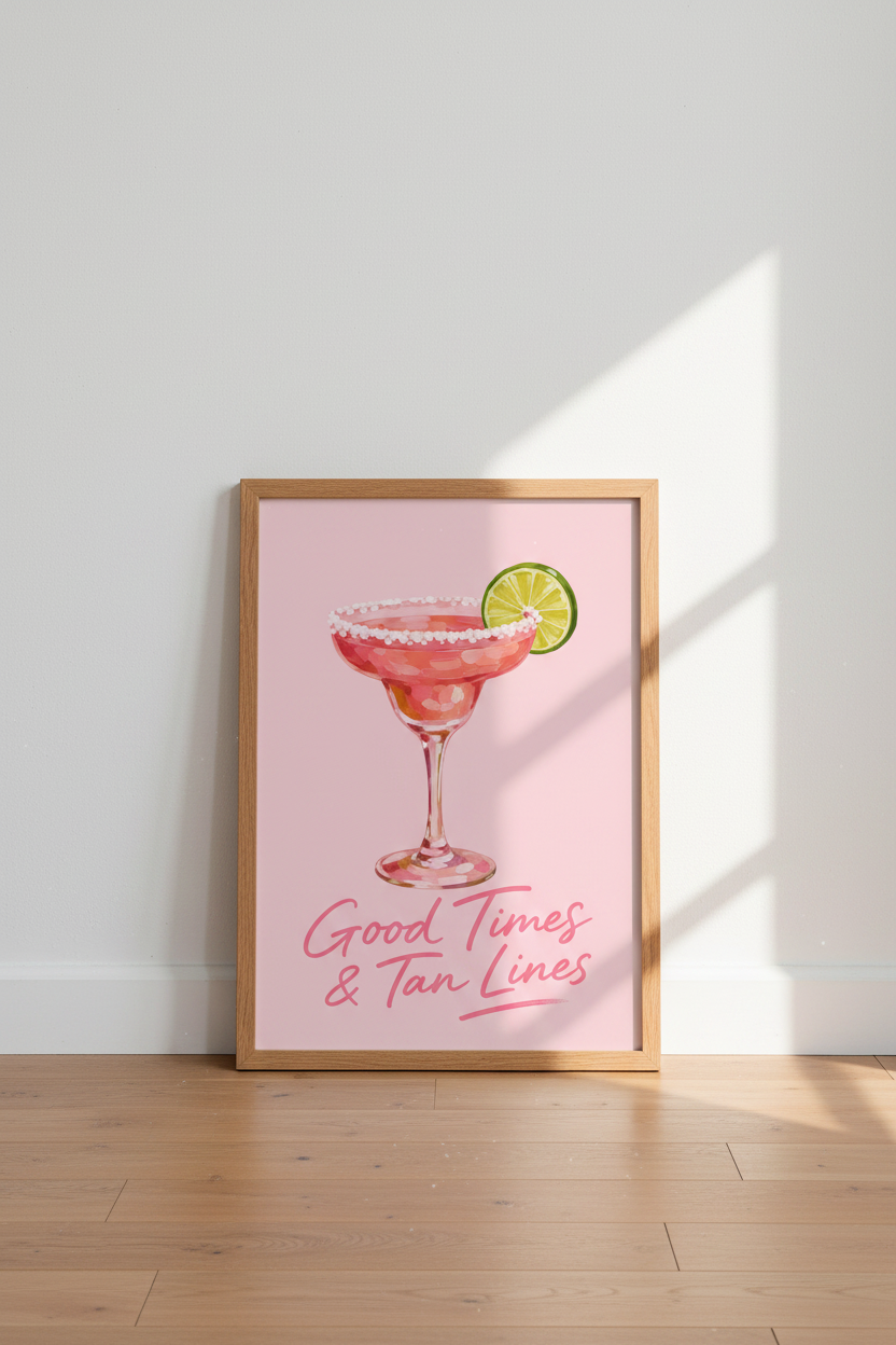 Pink Margarita Bar Art | Preppy Cocktail Poster, Kitchen &amp; Bar Cart Wall Decor