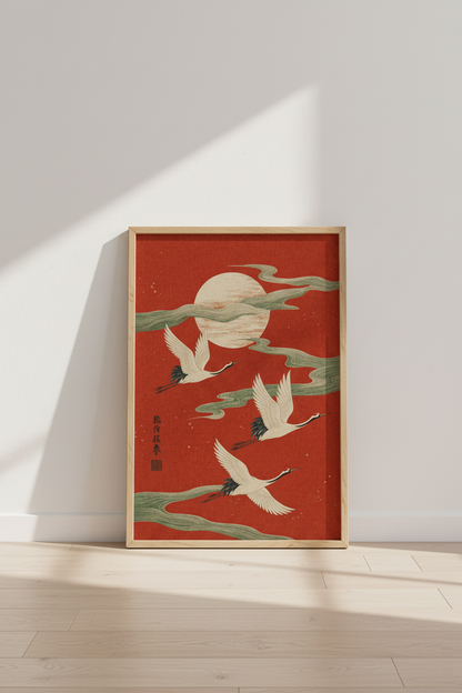 Japanese Crane Wall Art | Red Ukiyo-e Sun Poster, Zen Bedroom Decor