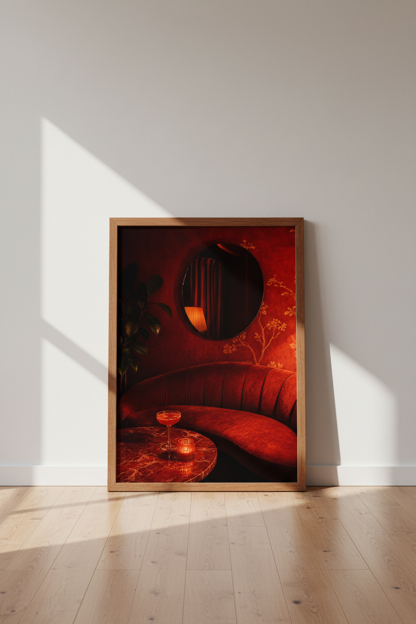 Red Lounge Cocktail Photography | Dark Moody Bar Decor, Maximalist Poster