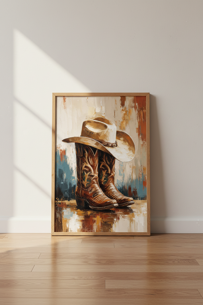 Western Rustic Wall Art | Cowboy Boots and Hat Poster, Country Home Decor
