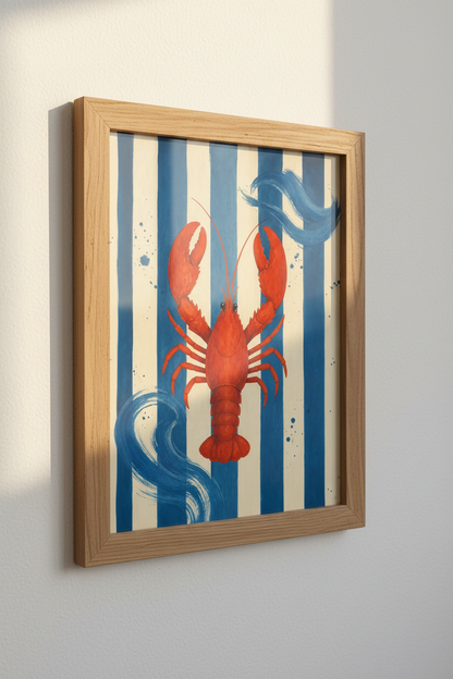 Red Lobster Nautical Wall Art | Blue Striped Coastal Decor | Modern Beach House Poster