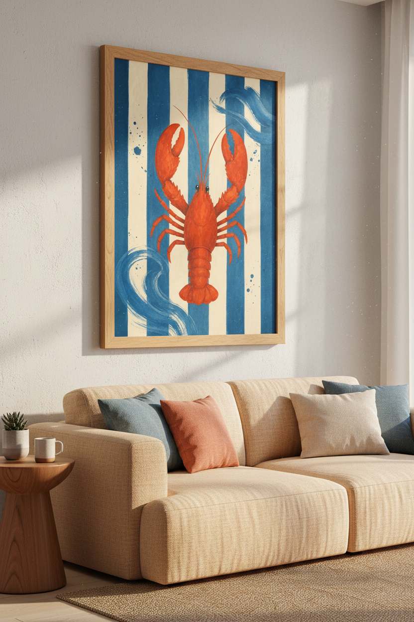 Red Lobster Nautical Wall Art | Blue Striped Coastal Decor | Modern Beach House Poster