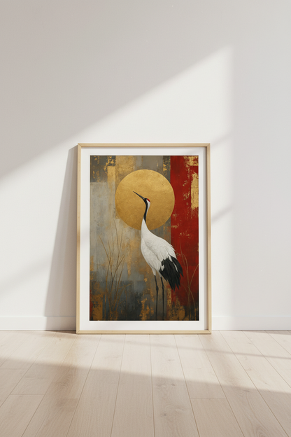 Japanese Crane Wall Art | Gold &amp; Red Abstract Bird Decor | Zen Poster