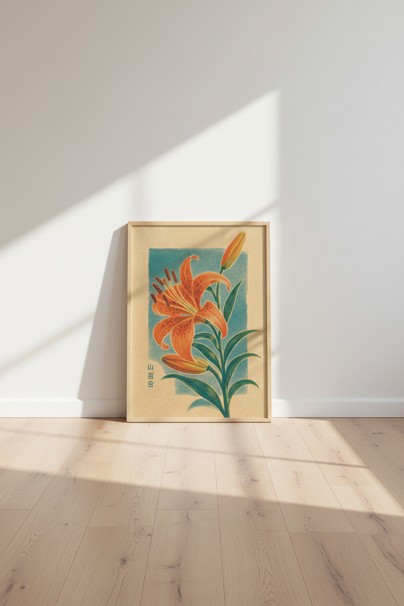Japanese Lily Flower Wall Art | Vintage Botanical Teal &amp; Orange | Japandi Poster