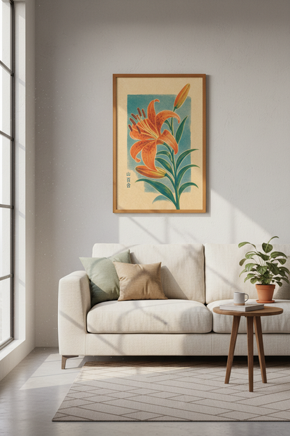 Japanese Lily Flower Wall Art | Vintage Botanical Teal &amp; Orange | Japandi Poster