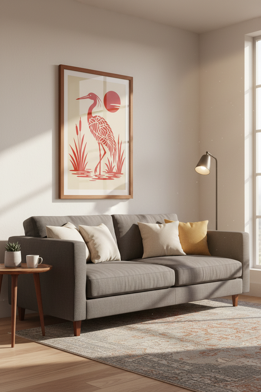 Red Crane Minimalist Wall Art | Japanese Style Bird Print, Japandi Living Room Decor