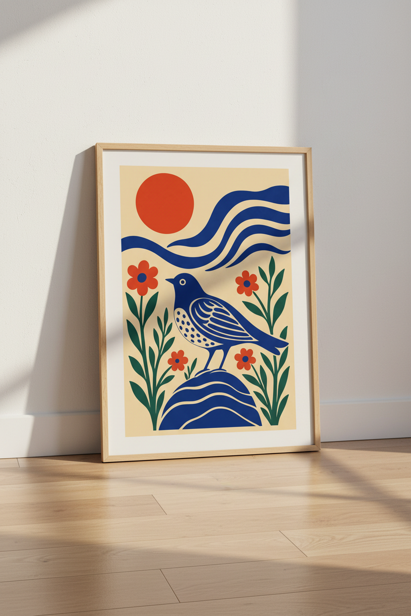 Blue Bird Folk Art Print | Modern Botanical Wall Decor | Scandi Boho Poster