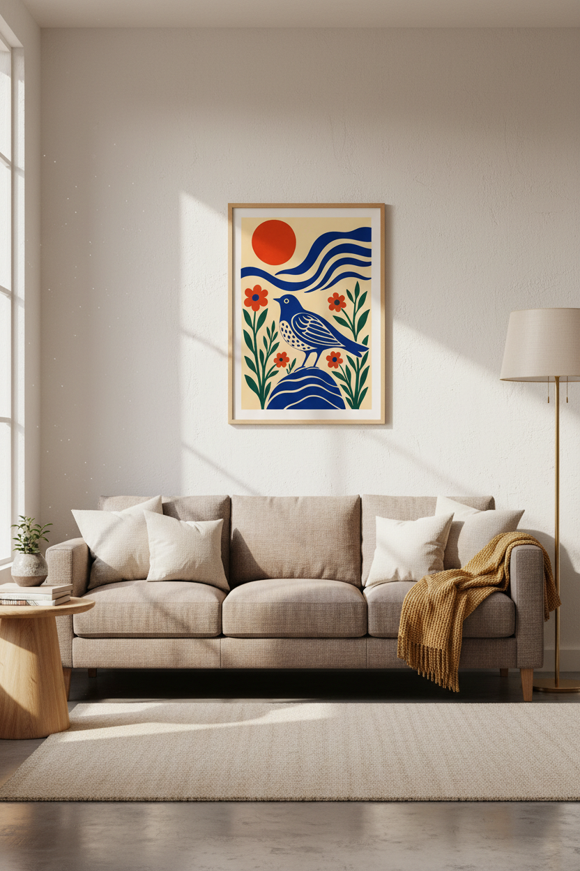 Blue Bird Folk Art Print | Modern Botanical Wall Decor | Scandi Boho Poster