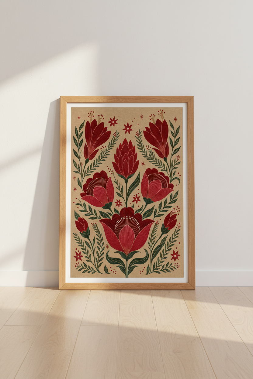 Folk Art Floral Wall Art | Red Botanical Print, Living Room Cottagecore Poster