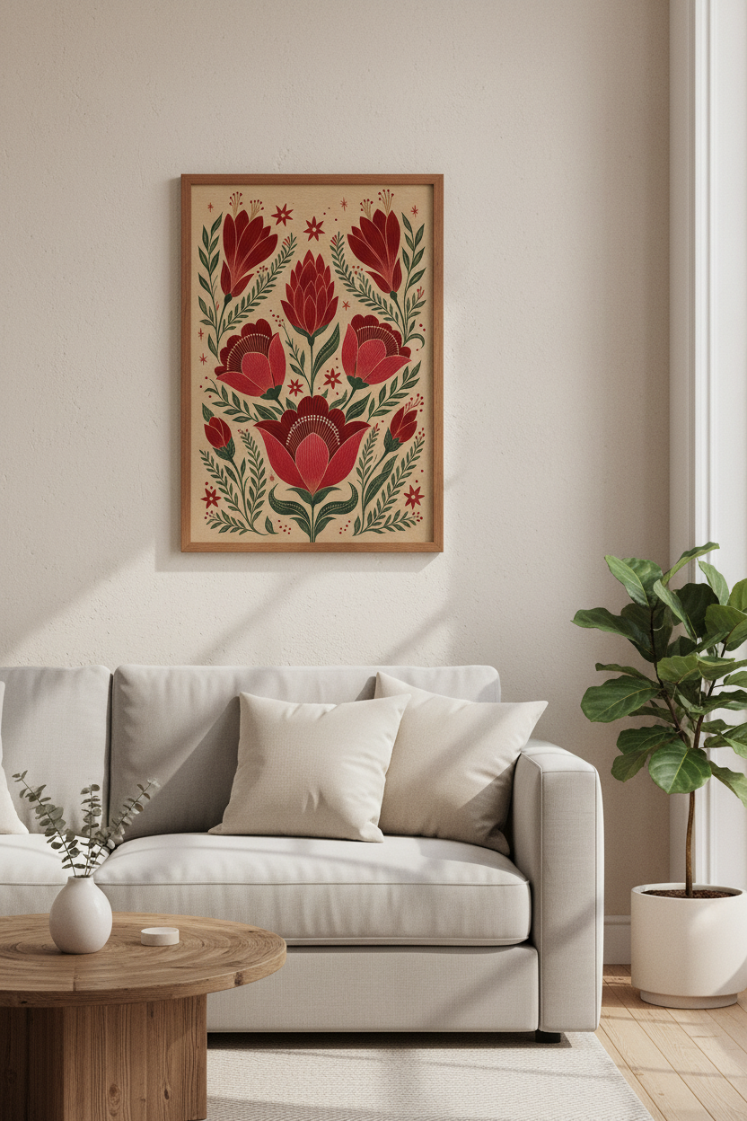 Folk Art Floral Wall Art | Red Botanical Print, Living Room Cottagecore Poster