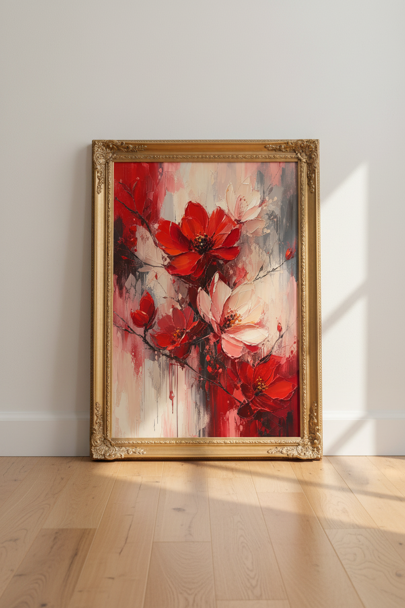 red floral wall art | abstract bloom tones | living room decor