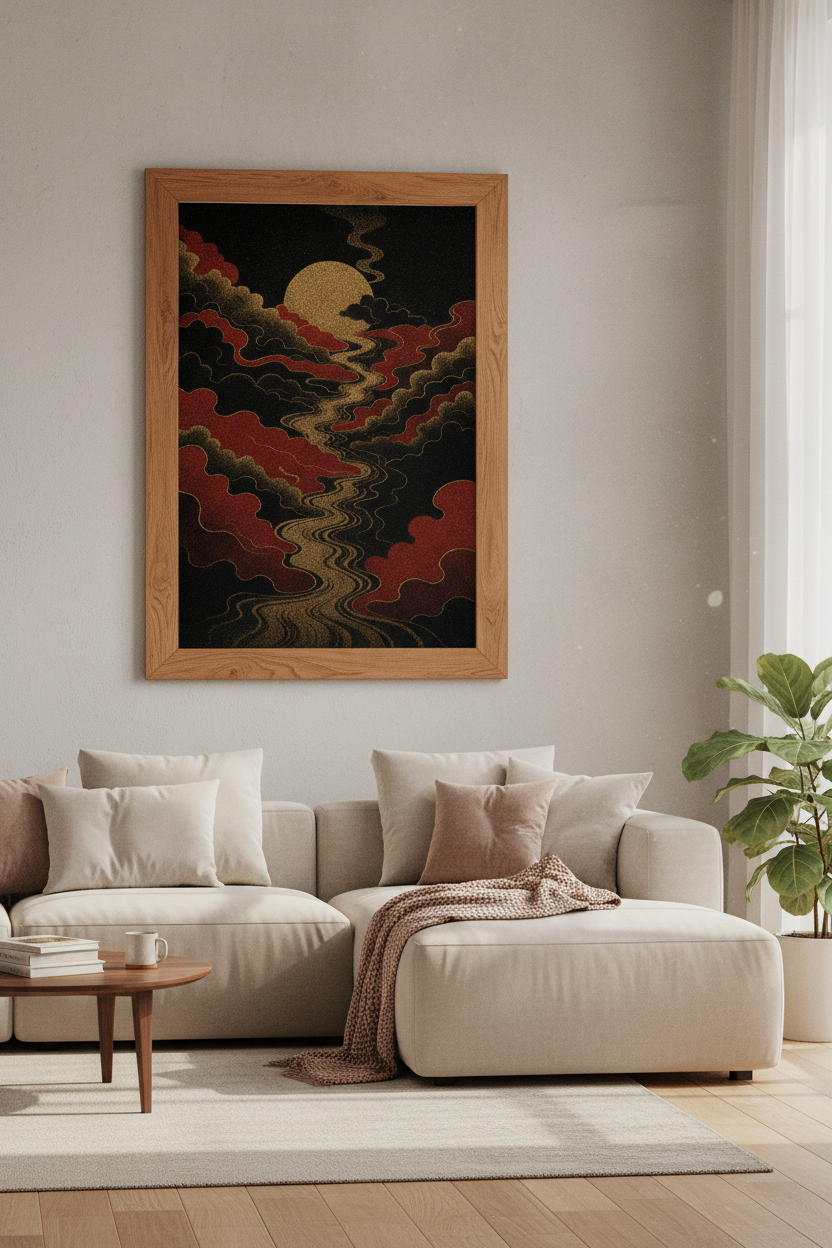 Japanese Moon Landscape Print | Red &amp; Gold Celestial Wall Art | Zen Decor