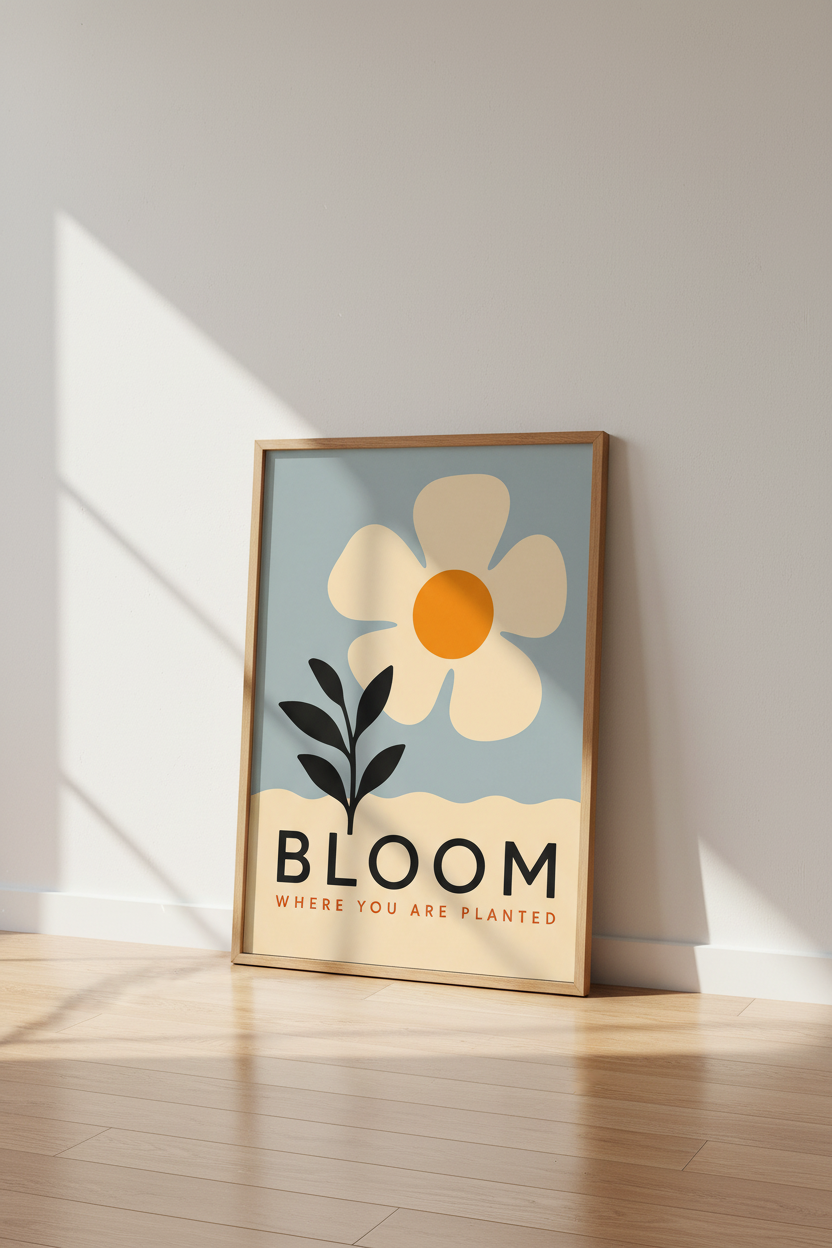Bloom Where You Are Planted Floral Wall Art | Blue Retro Poster, Modern Office Decor