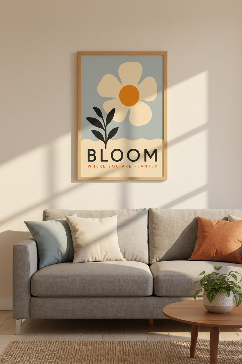 Bloom Where You Are Planted Floral Wall Art | Blue Retro Poster, Modern Office Decor