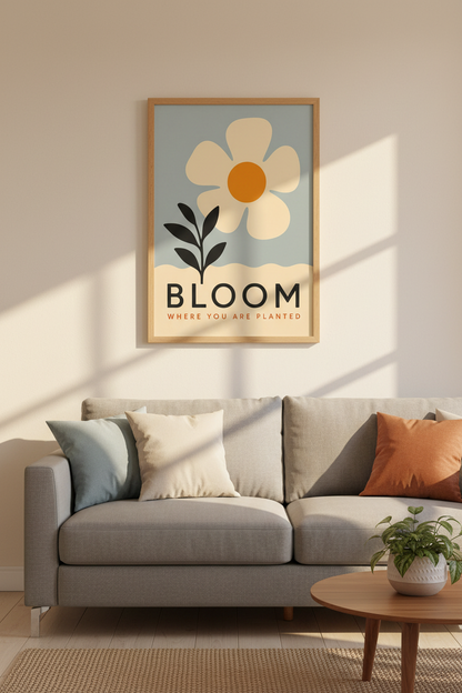 Bloom Where You Are Planted Floral Wall Art | Blue Retro Poster, Modern Office Decor