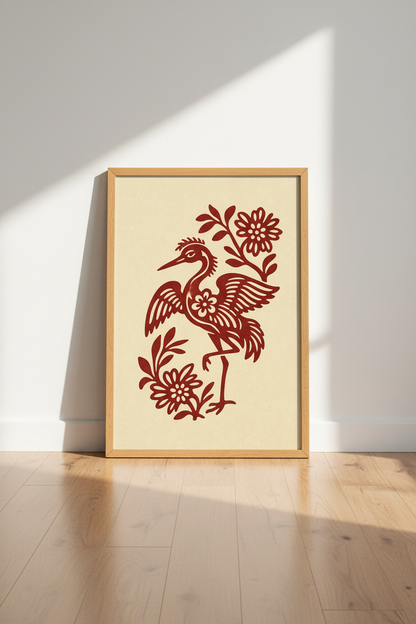 Japanese Crane Folk Art Print | Red Floral Asian Decor | Minimalist Poster