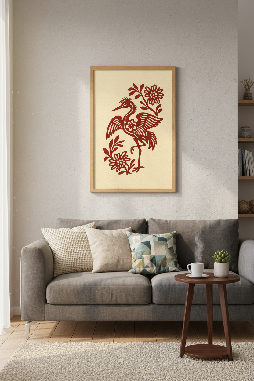 Japanese Crane Folk Art Print | Red Floral Asian Decor | Minimalist Poster