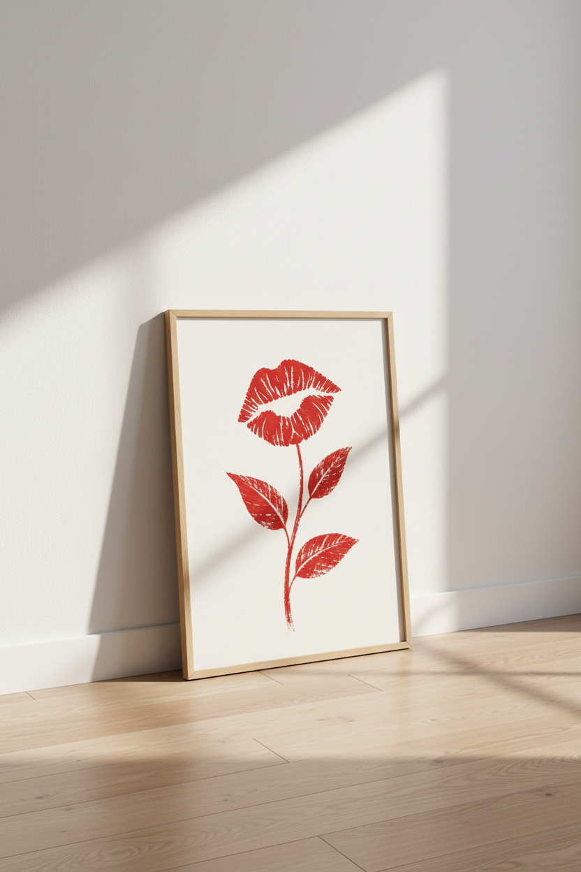 Lips Flower Wall Art Print | Red Aesthetic Decor, Bedroom &amp; Vanity Poster