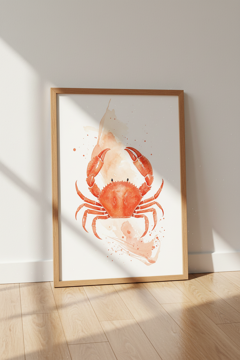 Watercolor Red Crab Wall Art | Coastal Bathroom Decor | Nautical Minimalist Poster