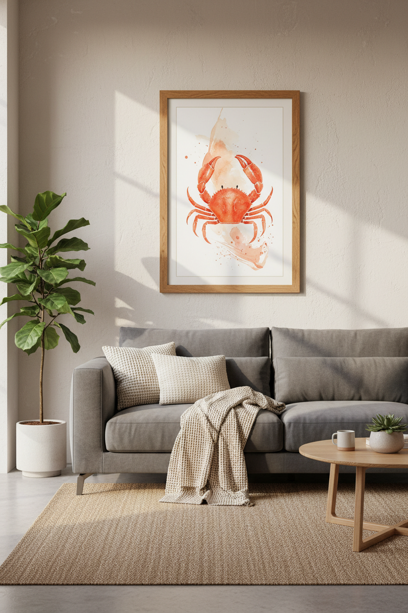 Watercolor Red Crab Wall Art | Coastal Bathroom Decor | Nautical Minimalist Poster
