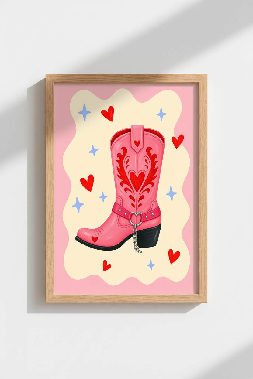 Pink Cowgirl Boot Art | Western Heart Poster, Girly Dorm Decor &amp; Coquette Aesthetic Print
