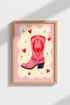 Pink Cowgirl Boot Art | Western Heart Poster, Girly Dorm Decor & Coquette Aesthetic Print