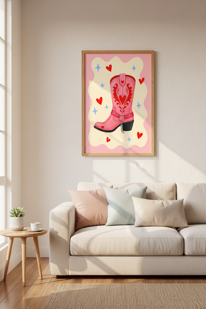 Pink Cowgirl Boot Art | Western Heart Poster, Girly Dorm Decor &amp; Coquette Aesthetic Print