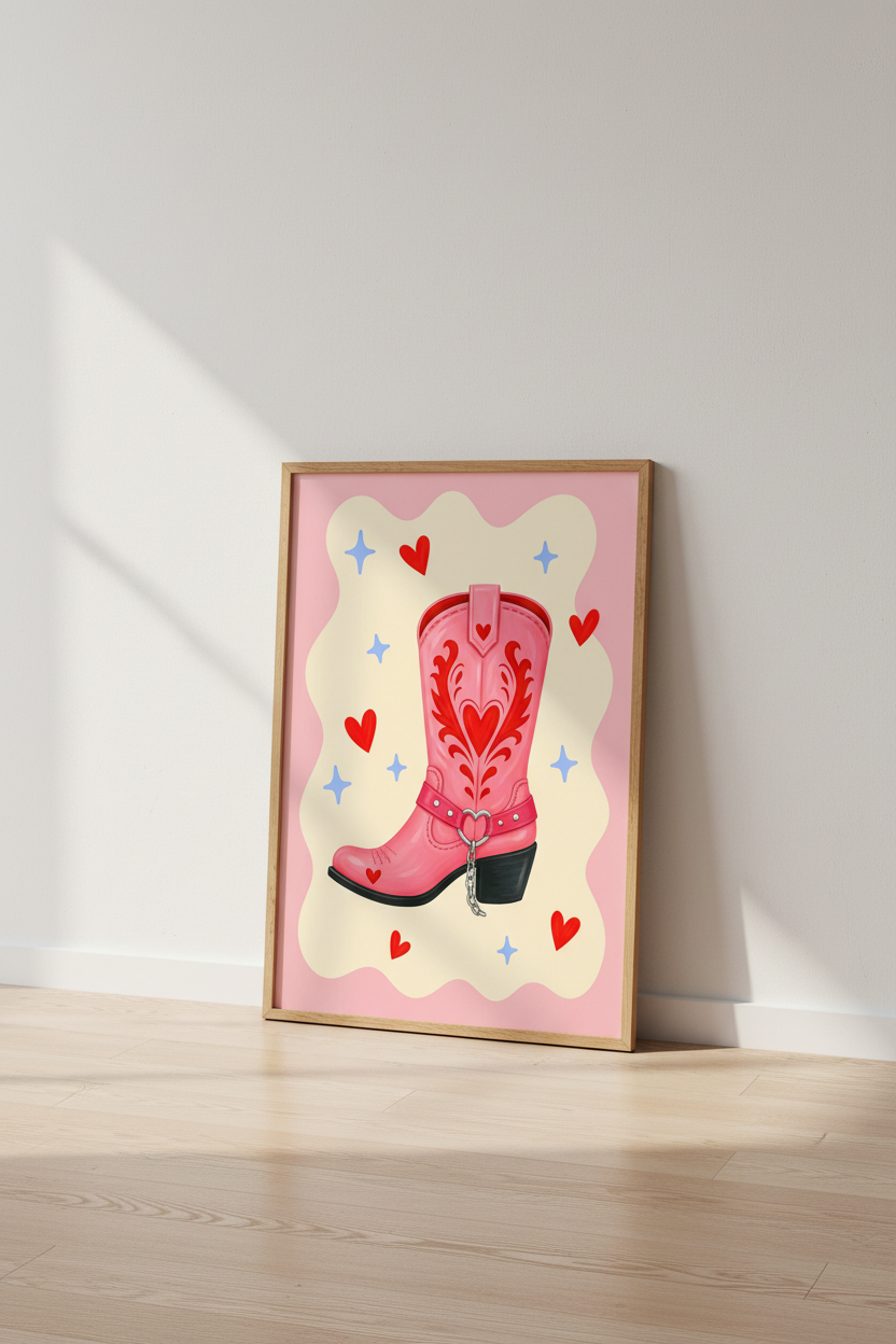 Pink Cowgirl Boot Art | Western Heart Poster, Girly Dorm Decor &amp; Coquette Aesthetic Print