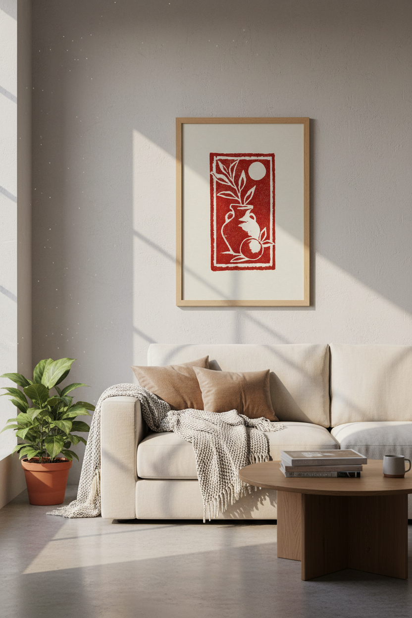 Greek Vase Linocut Wall Art | Terracotta Red Print, Mediterranean Home Decor