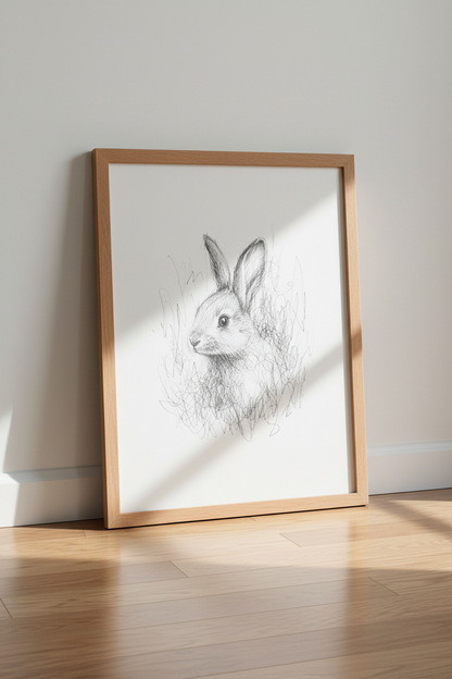 Rabbit Pencil Sketch Wall Art | Nursery Decor | Woodland Animal Poster