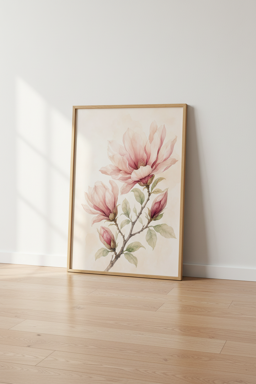 Pink Magnolia Watercolor Wall Art | Floral Botanical Poster, Soft Bedroom Decor