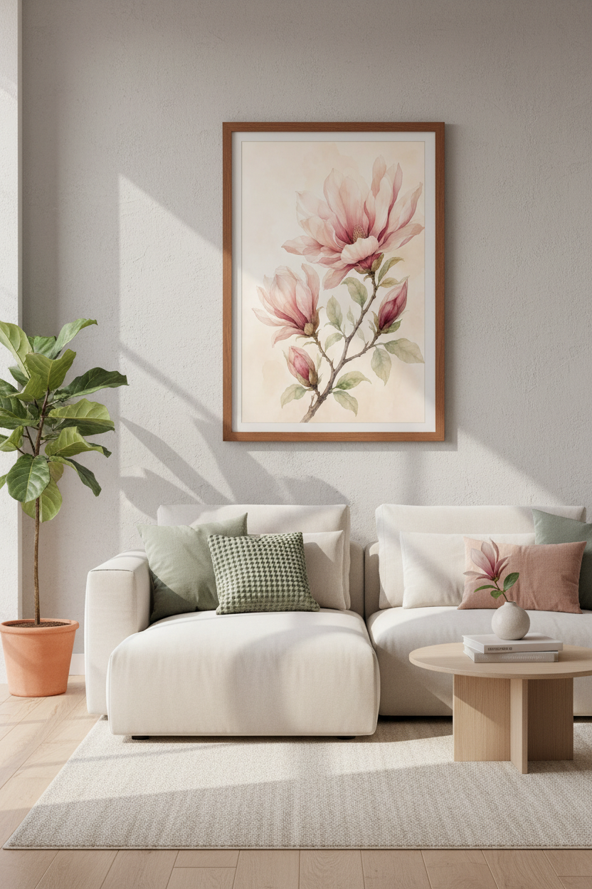 Pink Magnolia Watercolor Wall Art | Floral Botanical Poster, Soft Bedroom Decor