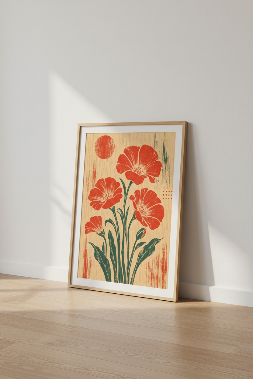 Retro Floral Art Print | Terracotta &amp; Sage Botanical Woodblock, Boho Home Decor