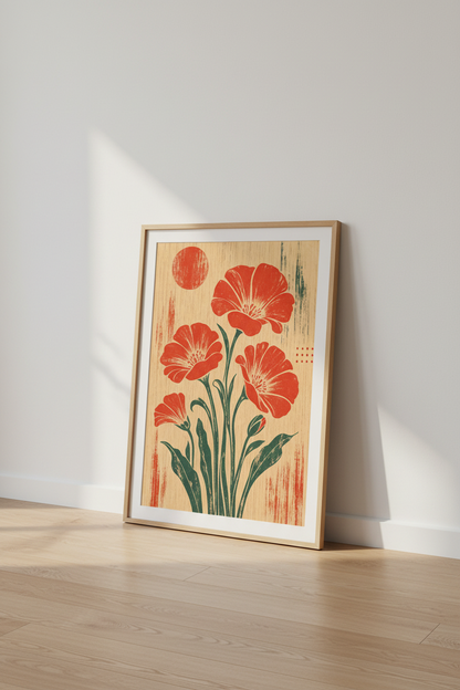 Retro Floral Art Print | Terracotta &amp; Sage Botanical Woodblock, Boho Home Decor