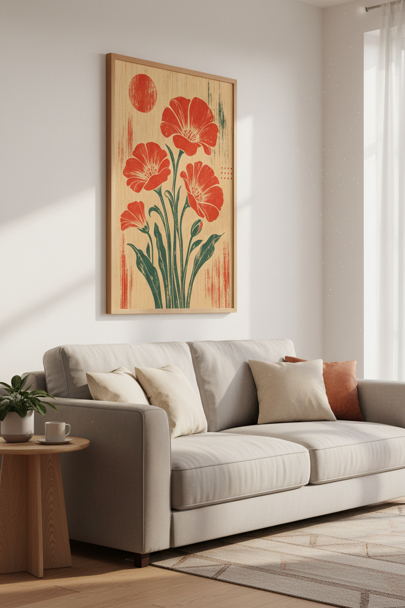 Retro Floral Art Print | Terracotta &amp; Sage Botanical Woodblock, Boho Home Decor