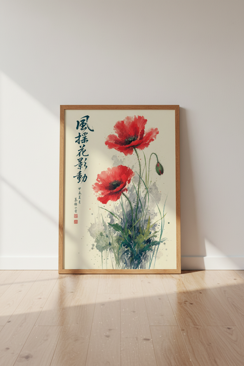 Red Poppy Japanese Style Wall Art | Asian Botanical Decor | Floral Ink Wash Poster