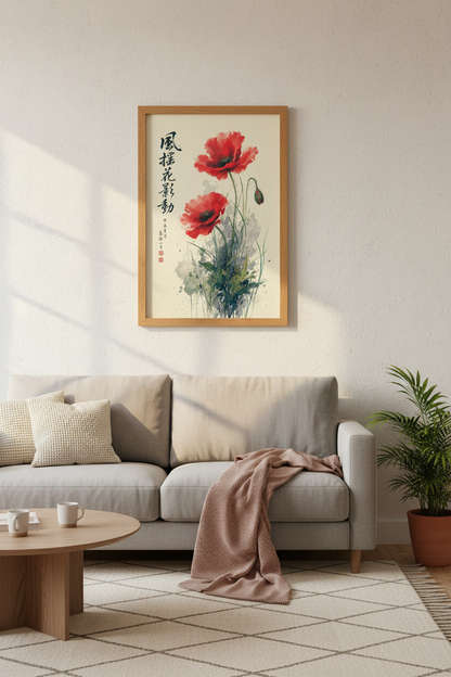 Red Poppy Japanese Style Wall Art | Asian Botanical Decor | Floral Ink Wash Poster