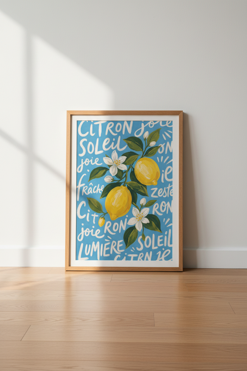 Lemon Citrus Wall Art | French Mediterranean Kitchen Decor | Blue Yellow Poster