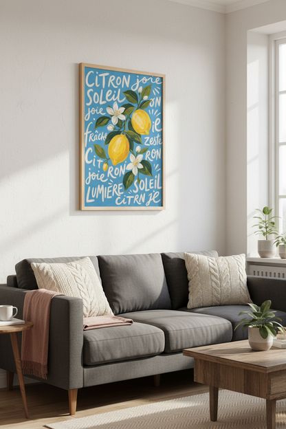 Lemon Citrus Wall Art | French Mediterranean Kitchen Decor | Blue Yellow Poster