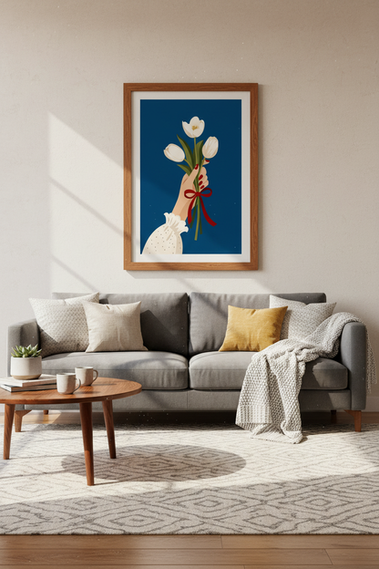 White Tulip Bouquet Art | Navy Blue Floral Print, Living Room Wall Decor